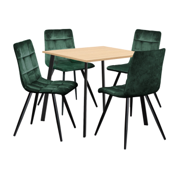Jedálenský stôl 80x80 BERGEN dub + 4 stoličky BERGEN zelený zamat